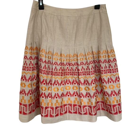 Peter Nygard Beige Linen Blend Pleated Embroidered Design Skirt - Size 8 - Picture 1 of 7
